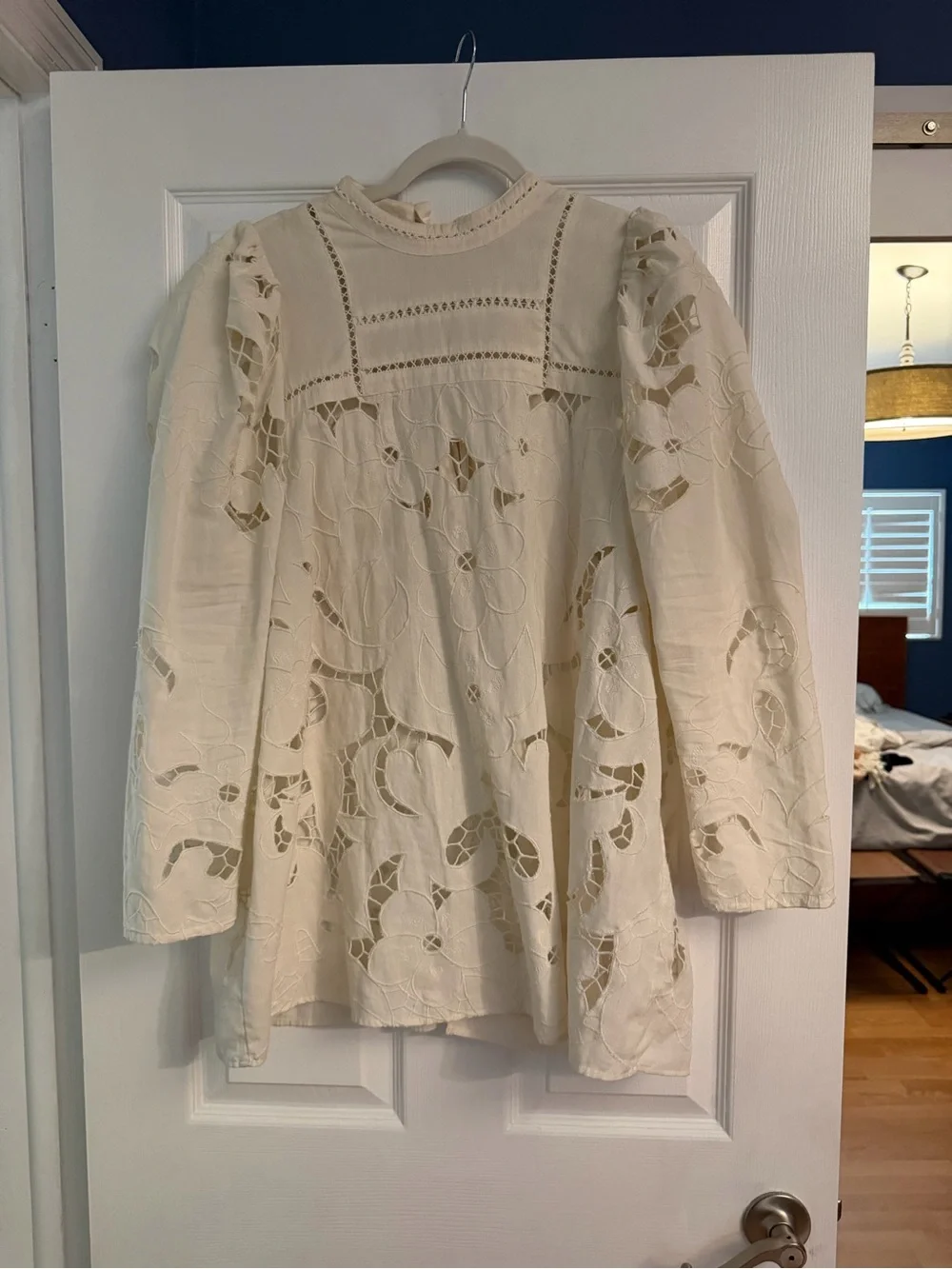 Free People Ivory Embroidered Floral Lace Tunic Top One Size